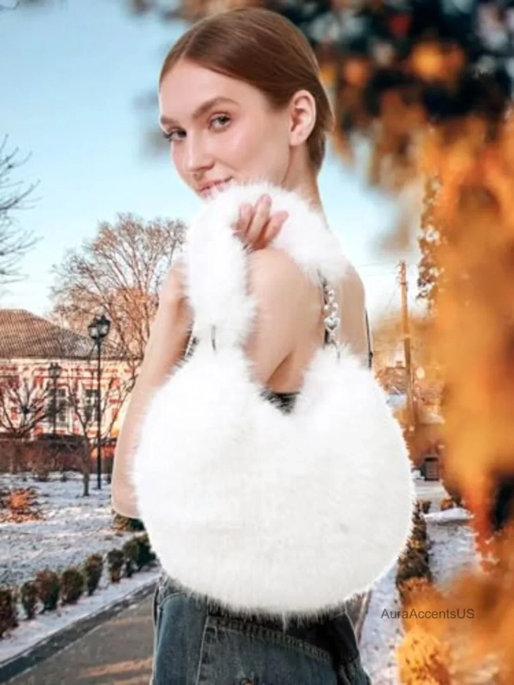 Faux Fur Plush Shoulder Bag Fuzzy Hobo Handbag Y2K Cute Purse